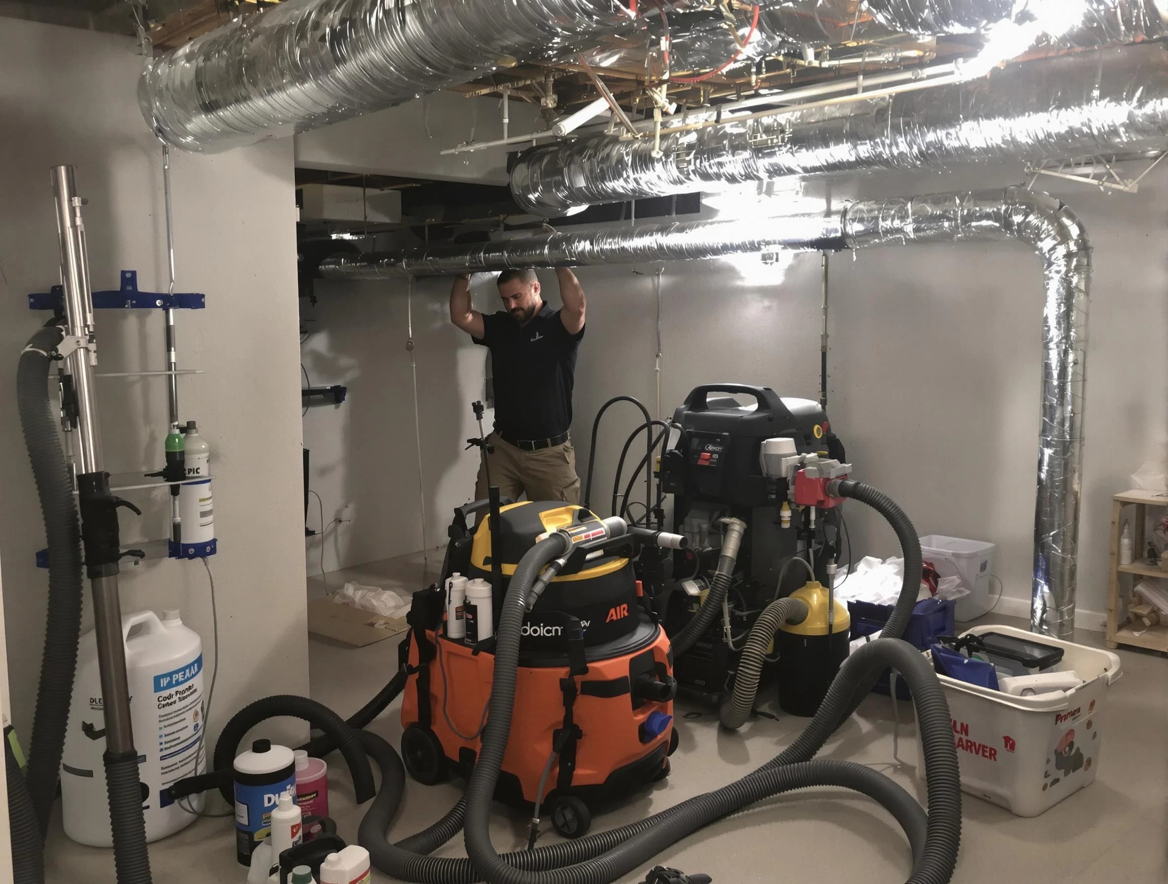 Wellesley Air Duct Cleaning specialist performing professional mold removal from air ducts using safety equipment in Wellesley